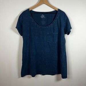 Awake NY Top Women Large Navy Blue Washed Cotton Round Neck Short Sleeve Blouse